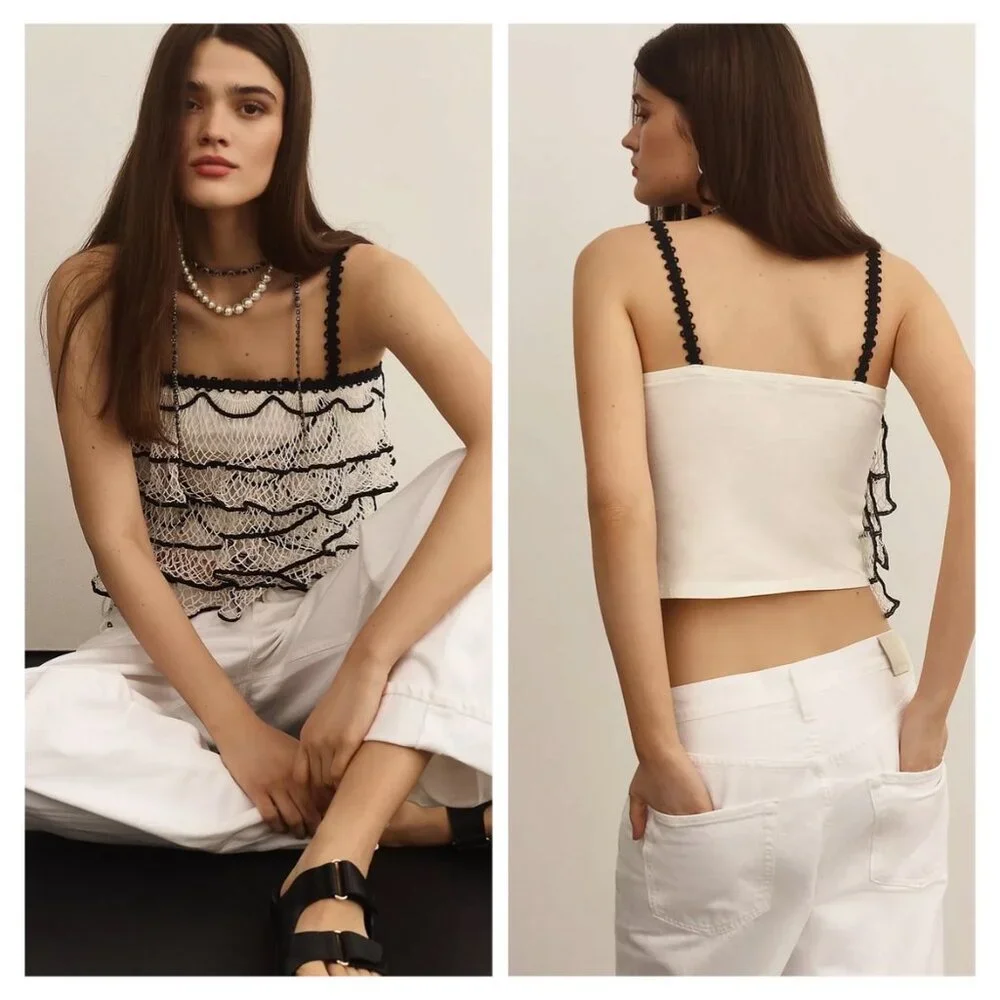 NEW Anthropologie Crochet Ruffle Netting Fishnet Layered Trimmed Cami Ta… - Picture 3 of 5